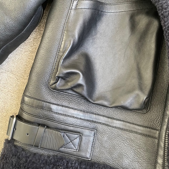 Sandro amber shearling black leather jacket coat - Picture 4 of 7